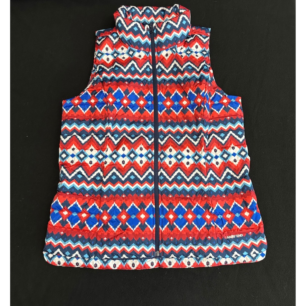 Lands' End Women M/T 10-12 Down Puffer Vest Red Blue Geometric Fair Isle Quilted